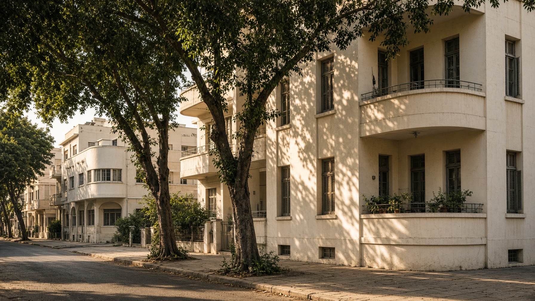 A quiet White City street in Tel Aviv, cream Bauhaus apartment buildings and ficus trees in late afternoon light.